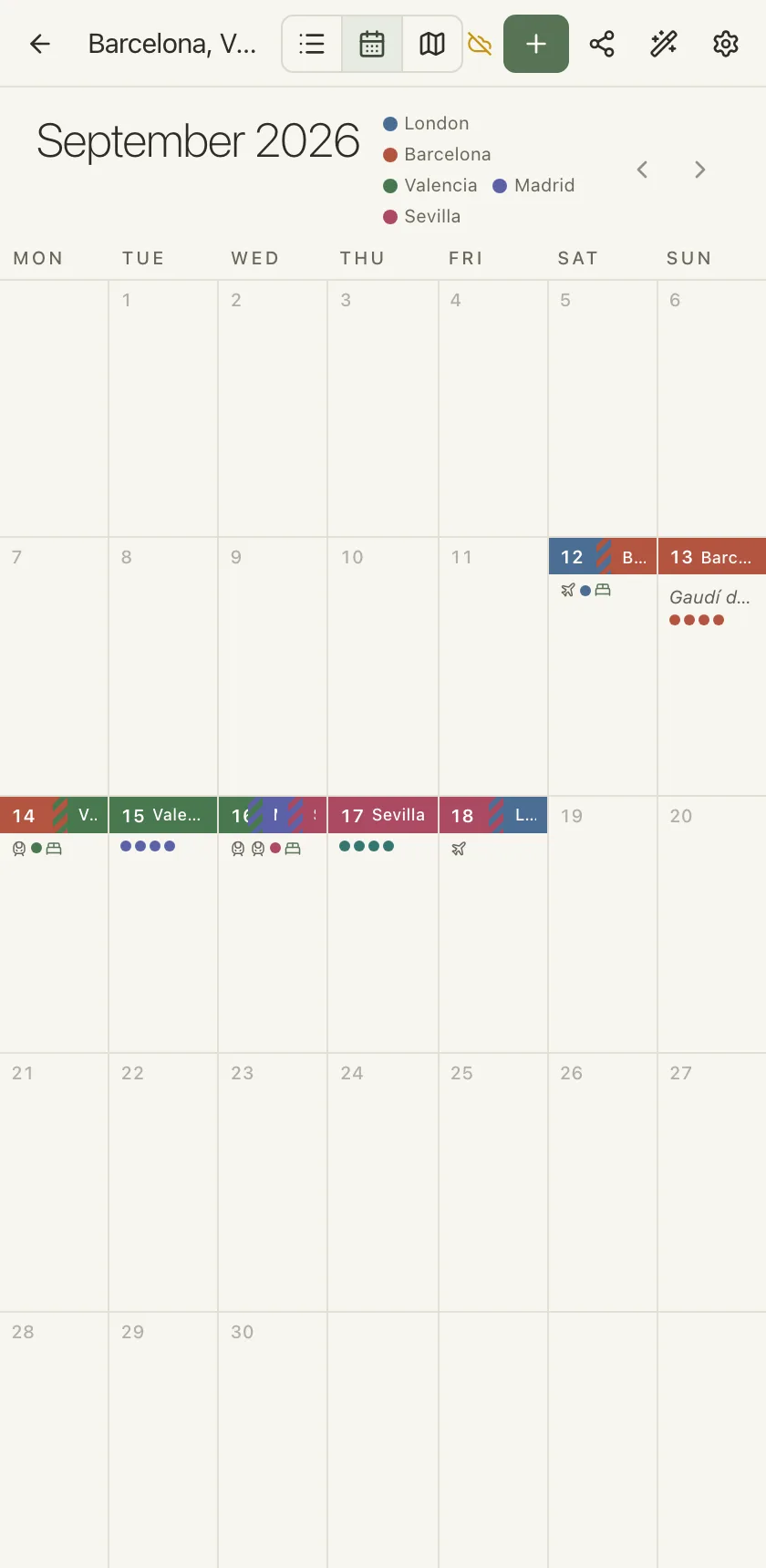 The same trip on a phone: the calendar view