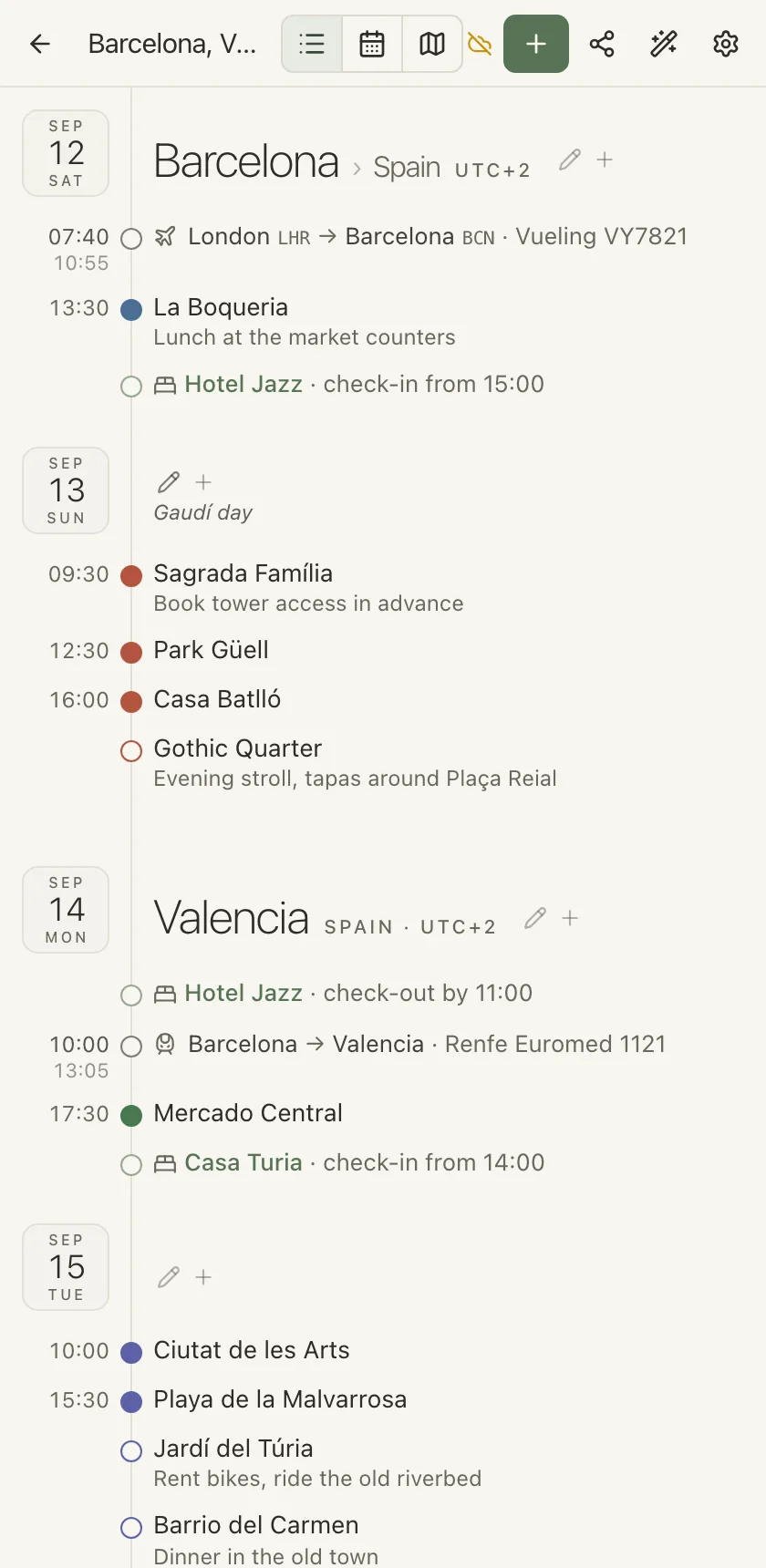 Scythian's timeline on a phone: days in Barcelona and Valencia with a flight, hotel check-ins, and sights